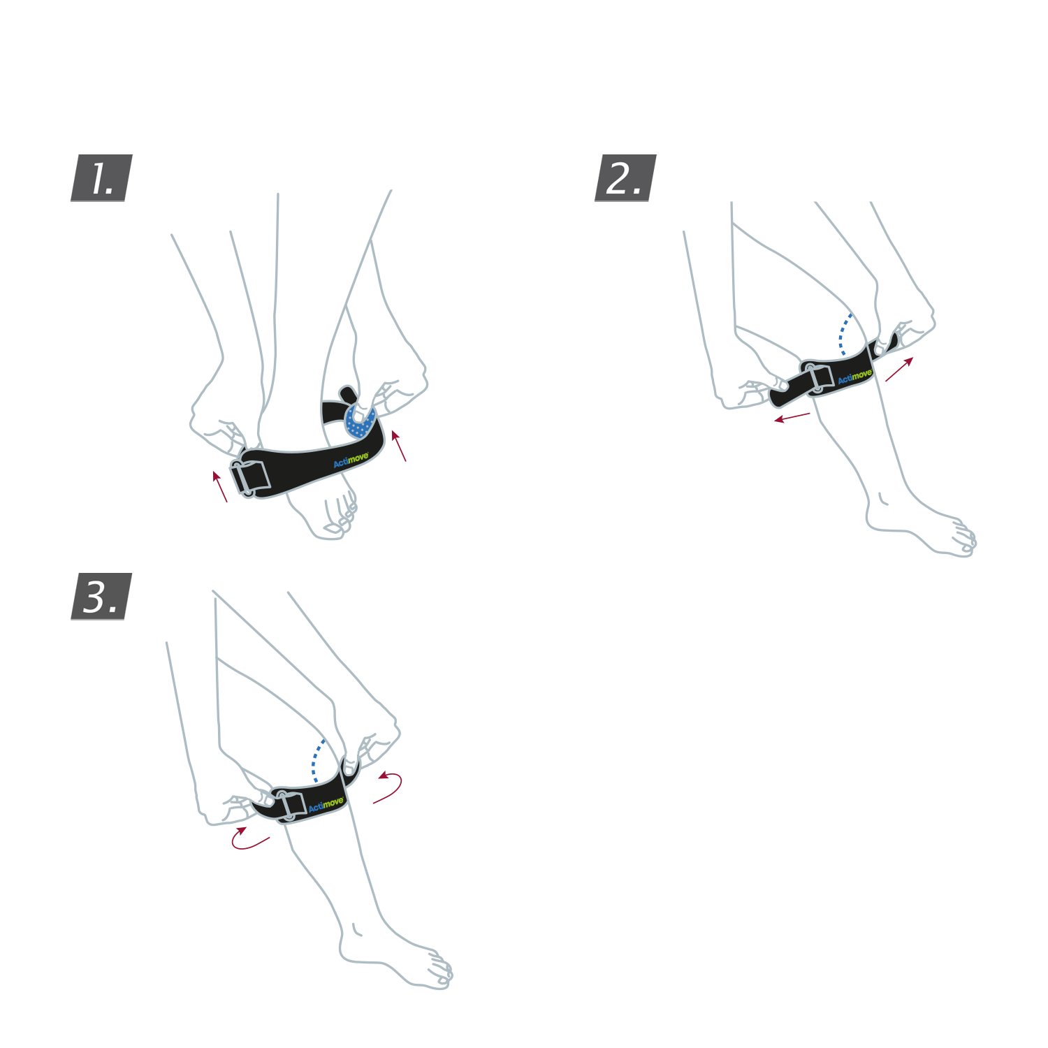 How to put on the Actimove Sports Edition Patella Strap: Pull the brace directly under your kneecap and secure both straps
 How to put on the Actimove Sports Edition Patella Strap: Pull the brace directly under your kneecap and secure both straps
